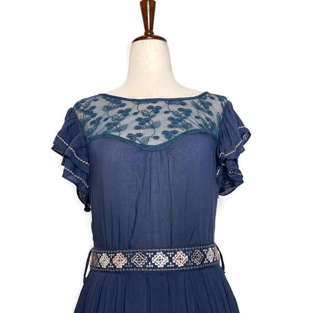 Moon Collection Blue Lace Ruffle Sleeve Embroidered Belted Pom Pom Lined Dress S - Picture 5 of 8